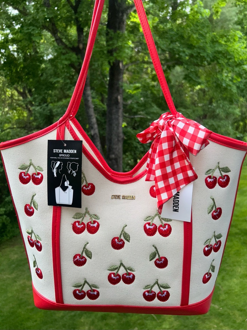 NEW! NWT STEVE MADDEN Cherry Embroidered BPROUD Large Shoulder Tote Natural/Red